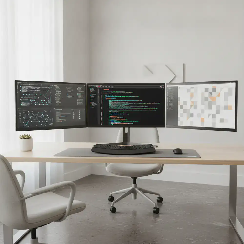 Espacio de trabajo del estudio de desarrollo con monitores mostrando código y cuadrículas